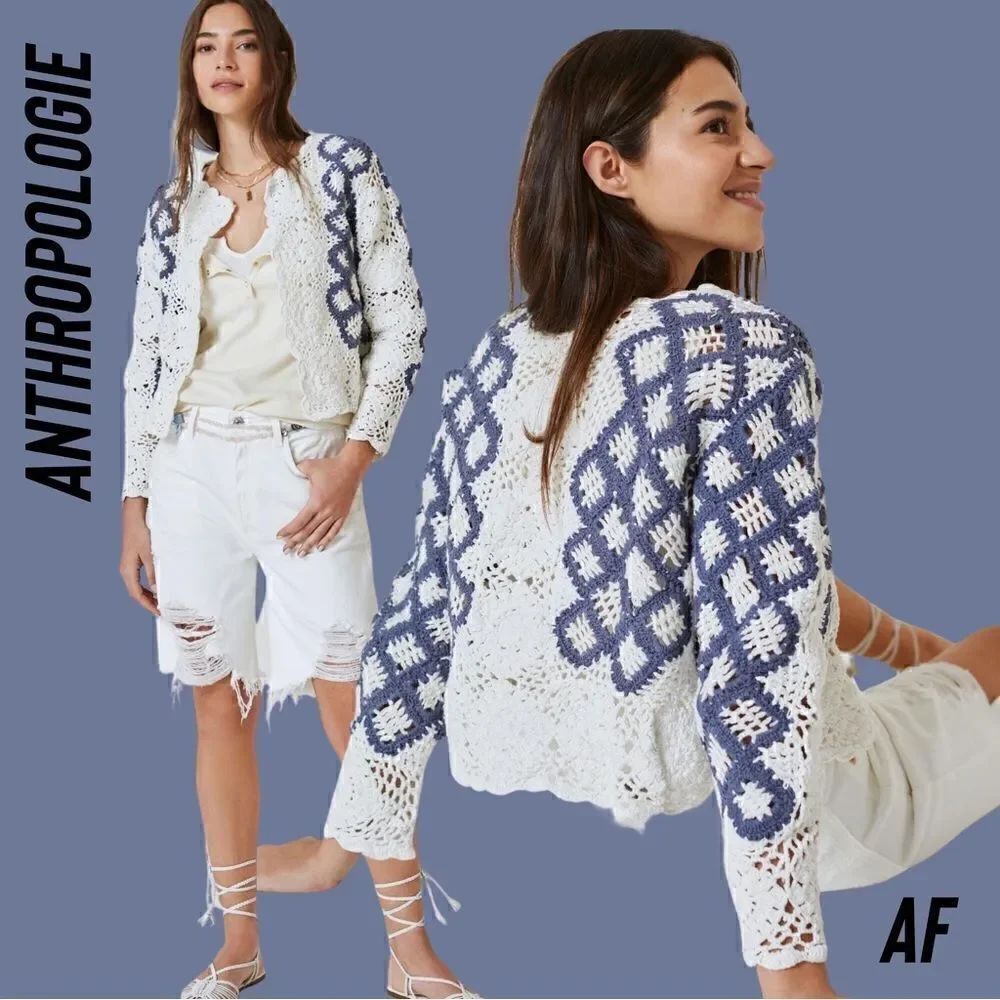 ANTHROPOLOGIE CROCHET KIMONO JACKET NEW BLUE MOTIF OS